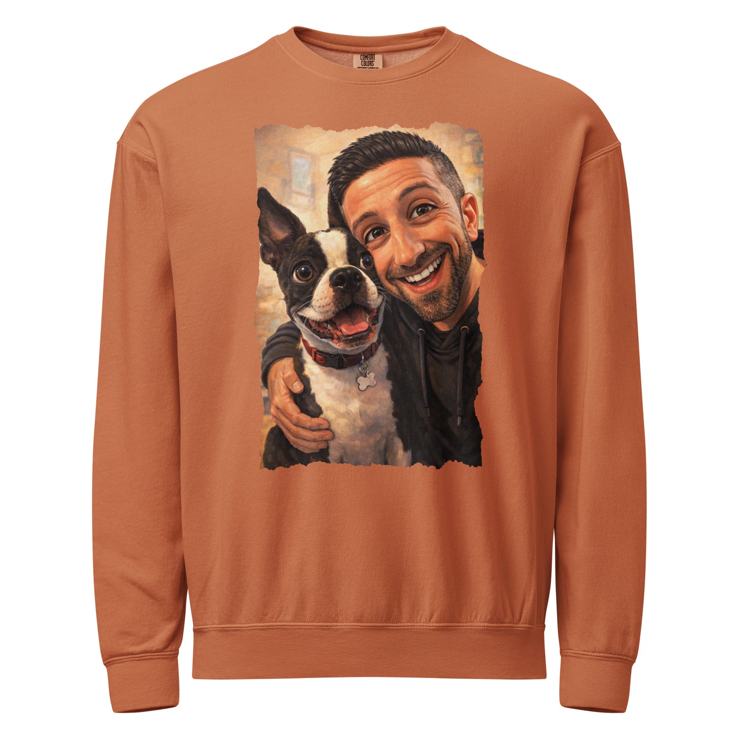Custom Caricature Dog And Owner Portrait Unisex Garment-dyed Fleece Crewneck Sweatshirt . Yam