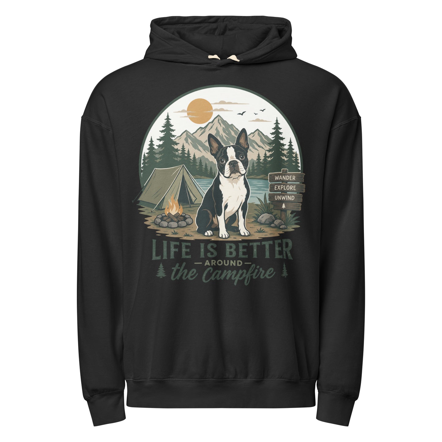 Life Is Better Around the Campfire Boston Terrier Shirt, Camping Dog Lover Unisex Garment-dyed Lightweight Hoodie . Black