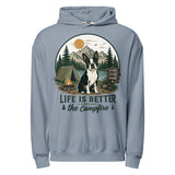 Life Is Better Around the Campfire Boston Terrier Shirt, Camping Dog Lover Unisex Garment-dyed Lightweight Hoodie . Blue Jean