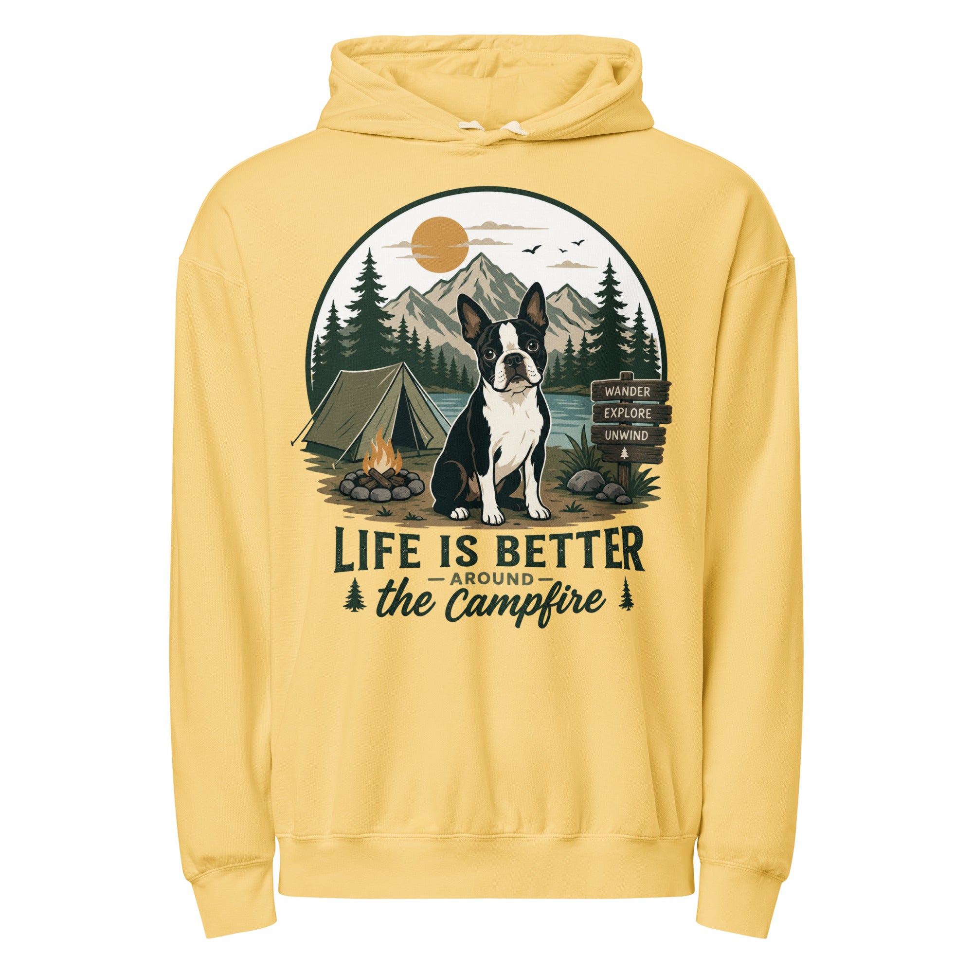 Life Is Better Around the Campfire Boston Terrier Shirt, Camping Dog Lover Unisex Garment-dyed Lightweight Hoodie . Butter