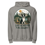 Life Is Better Around the Campfire Boston Terrier Shirt, Camping Dog Lover Unisex Garment-dyed Lightweight Hoodie . Grey