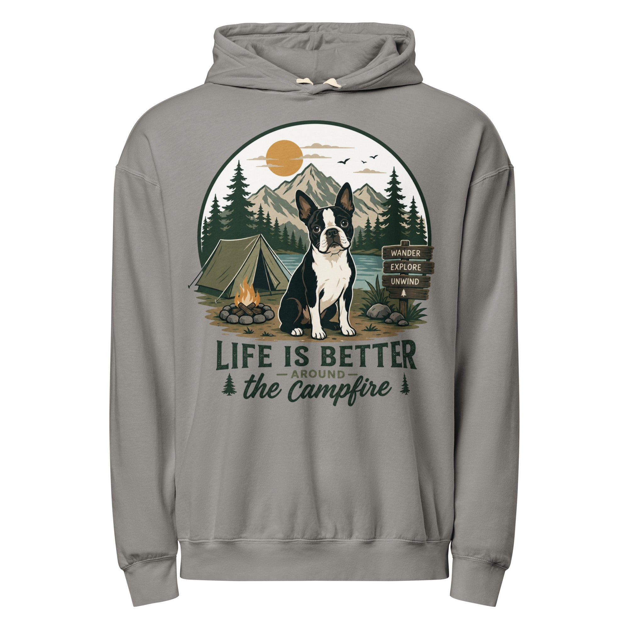 Life Is Better Around the Campfire Boston Terrier Shirt, Camping Dog Lover Unisex Garment-dyed Lightweight Hoodie . Grey
