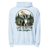 Life Is Better Around the Campfire Boston Terrier Shirt, Camping Dog Lover Unisex Garment-dyed Lightweight Hoodie . Hydrangea