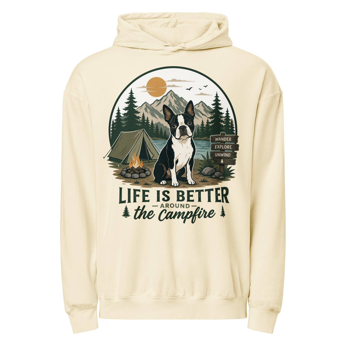 Life Is Better Around the Campfire Boston Terrier Shirt, Camping Dog Lover Unisex Garment-dyed Lightweight Hoodie . Ivory