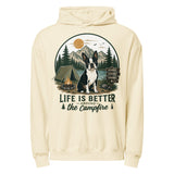 Life Is Better Around the Campfire Boston Terrier Shirt, Camping Dog Lover Unisex Garment-dyed Lightweight Hoodie . Ivory
