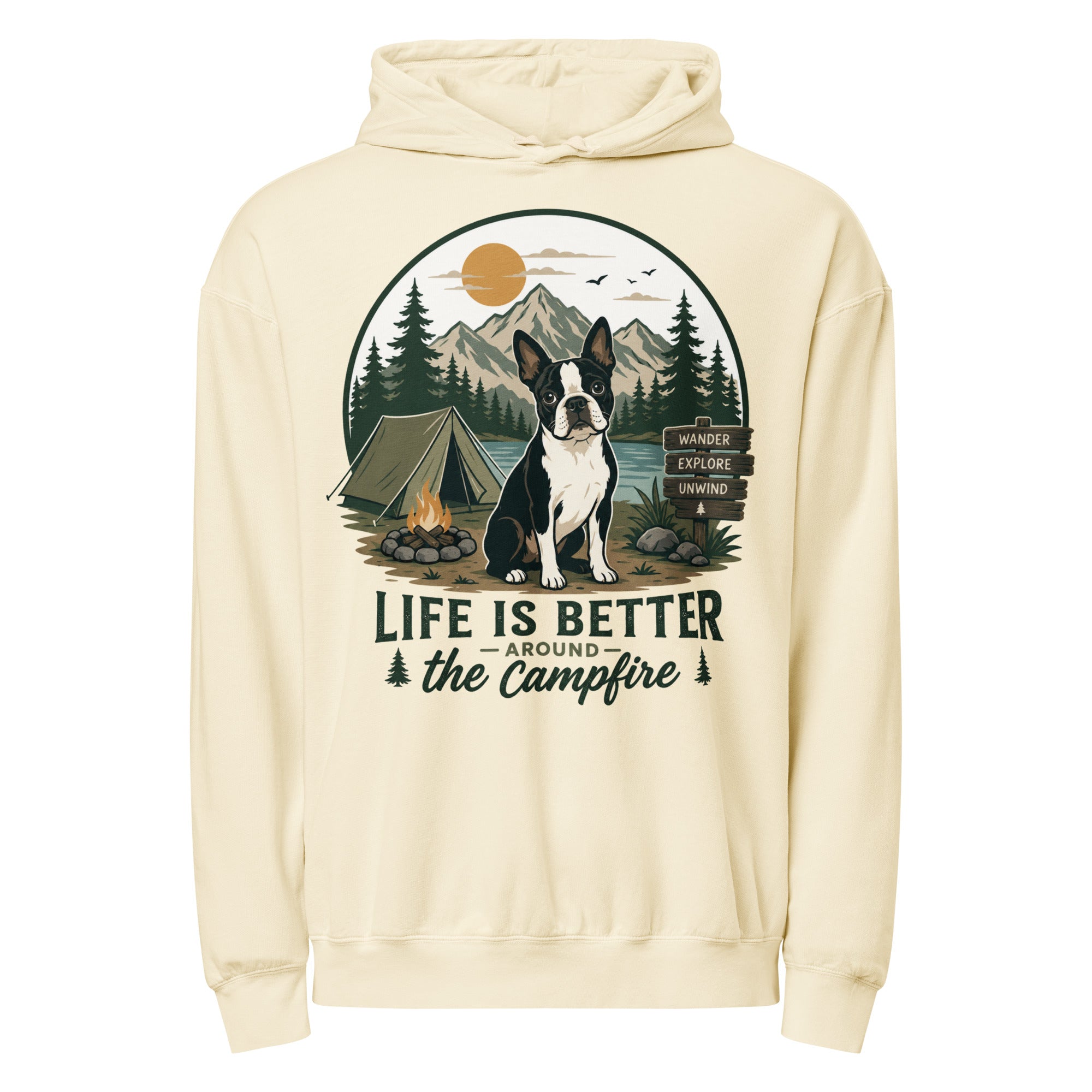 Life Is Better Around the Campfire Boston Terrier Shirt, Camping Dog Lover Unisex Garment-dyed Lightweight Hoodie . Ivory