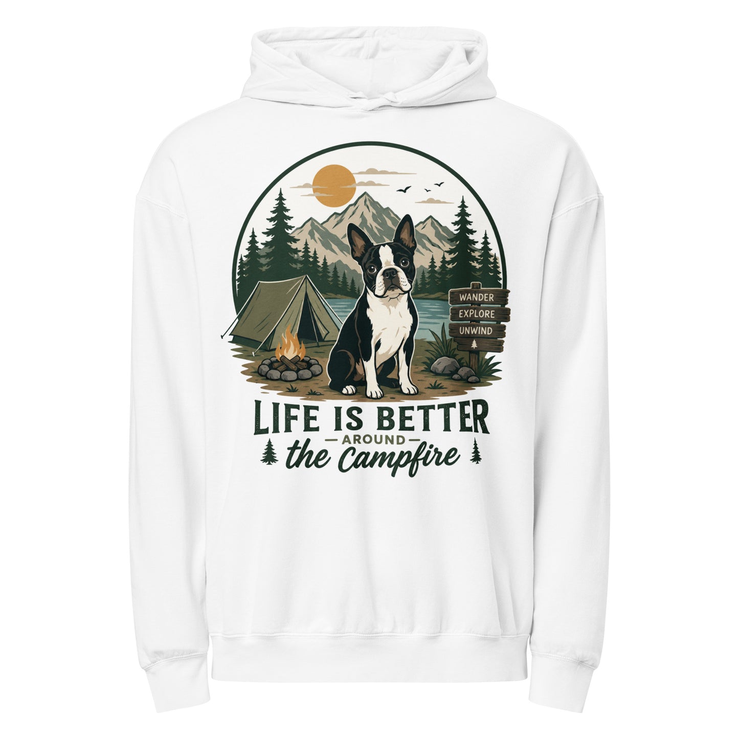 Life Is Better Around the Campfire Boston Terrier Shirt, Camping Dog Lover Unisex Garment-dyed Lightweight Hoodie . White