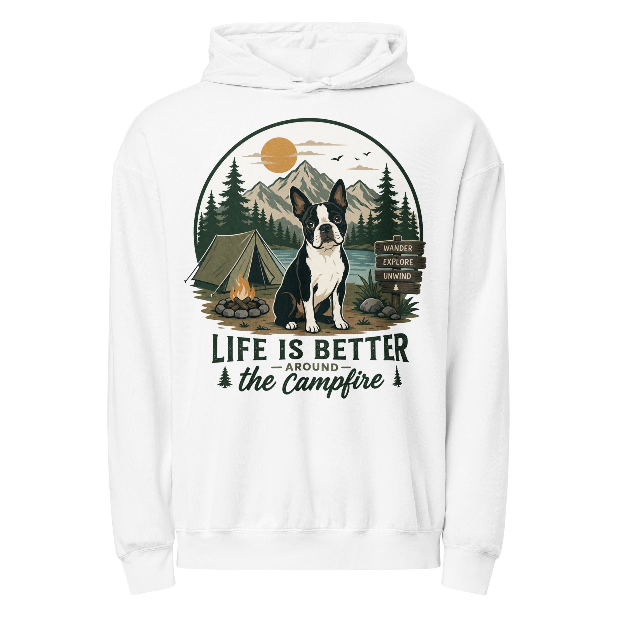 Life Is Better Around the Campfire Boston Terrier Shirt, Camping Dog Lover Unisex Garment-dyed Lightweight Hoodie . White