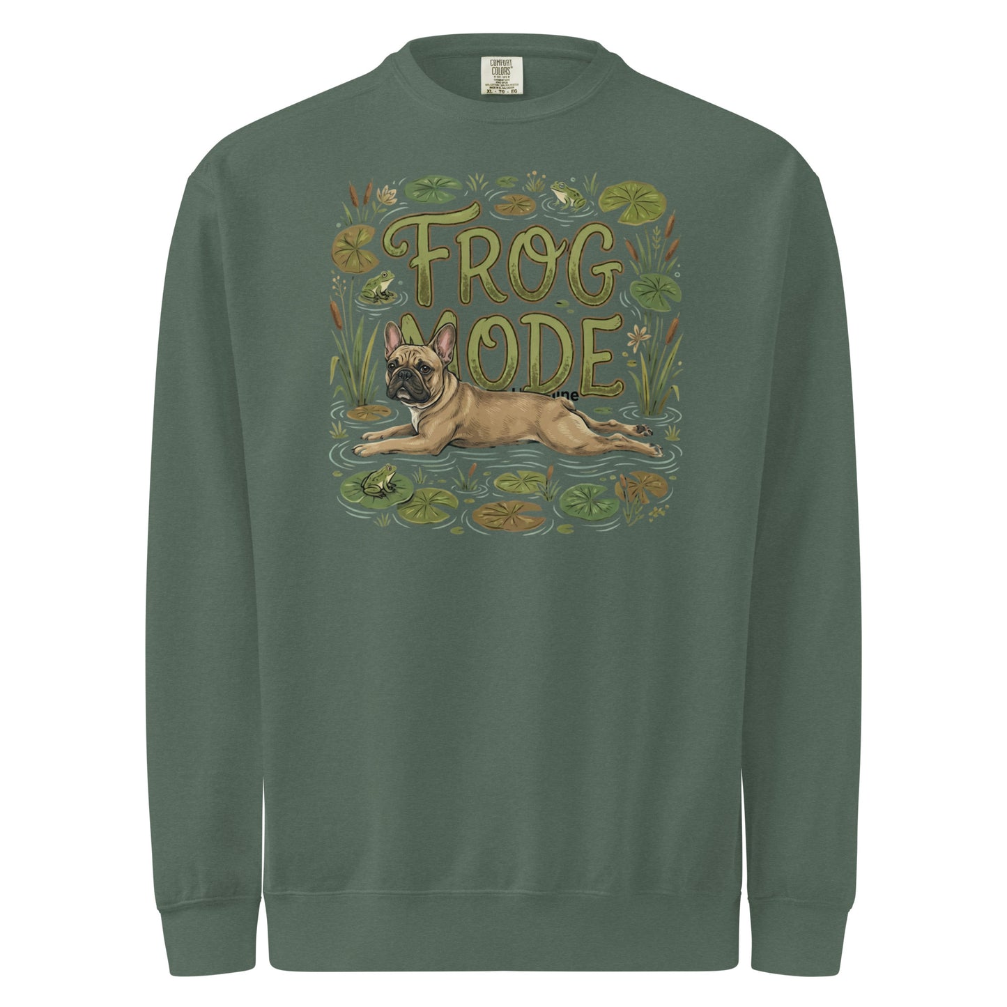 Frog Mode French Bulldog Unisex Garment-dyed Sweatshirt . Blue Spruce