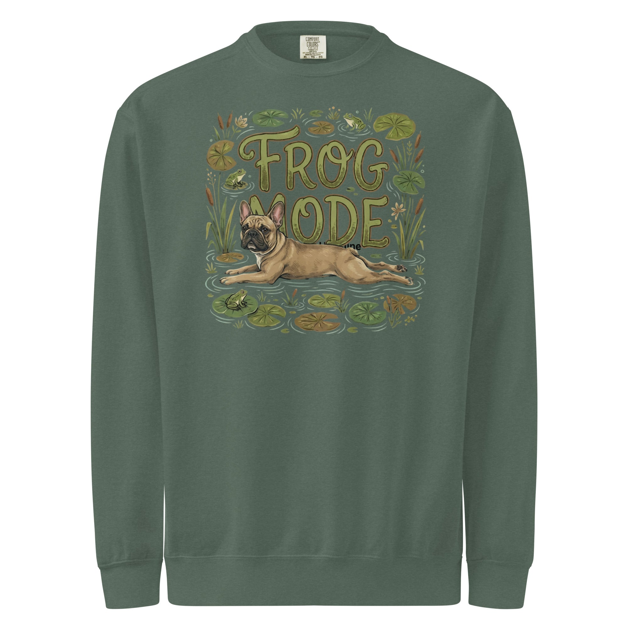 Frog Mode French Bulldog Unisex Garment-dyed Sweatshirt . Blue Spruce