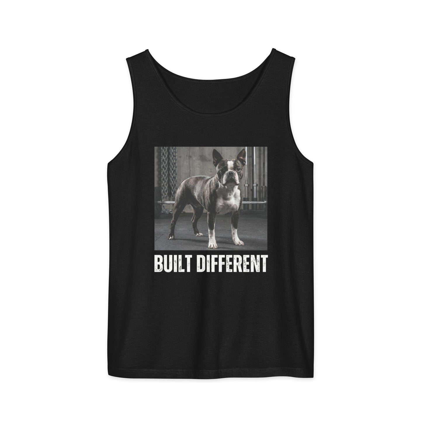 Built Different Strong Boston Terrier Dog Gym Workout Unisex Garment-dyed Tank Top . Black