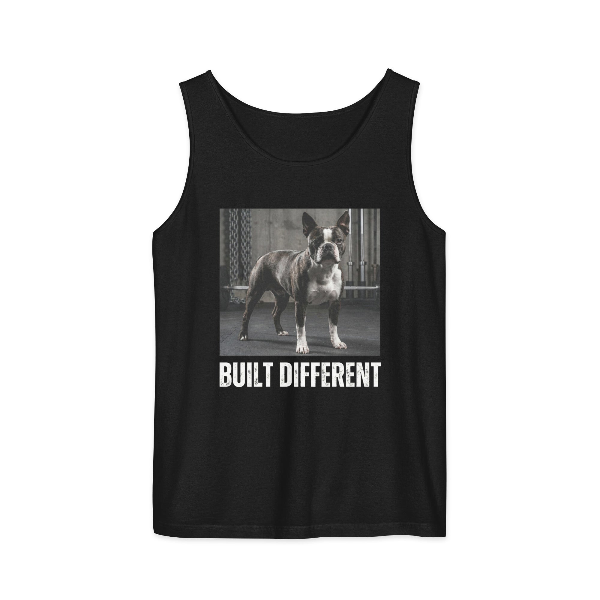 Built Different Strong Boston Terrier Dog Gym Workout Unisex Garment-dyed Tank Top . Black