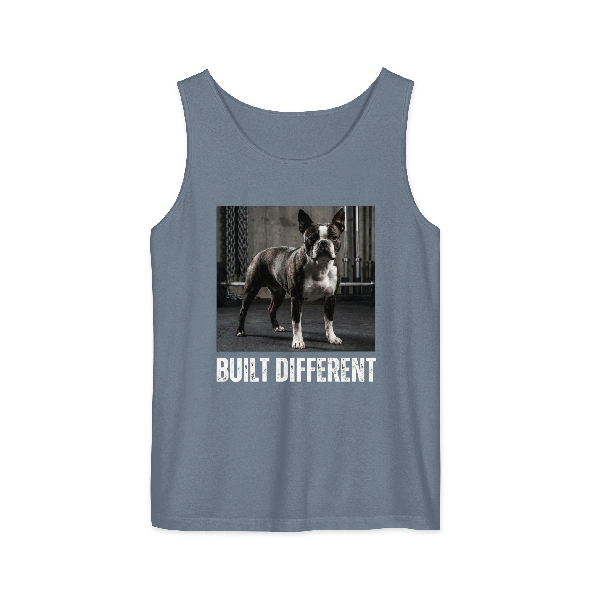 Built Different Strong Boston Terrier Dog Gym Workout Unisex Garment-dyed Tank Top . Blue Jean