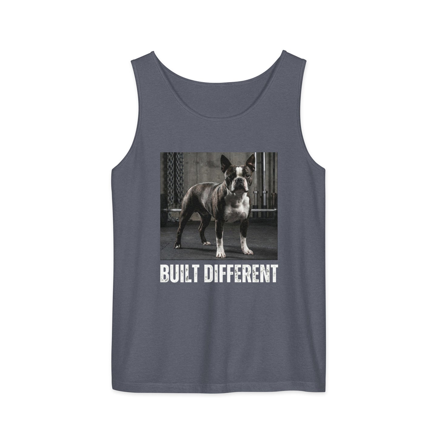 Built Different Strong Boston Terrier Dog Gym Workout Unisex Garment-dyed Tank Top . Denim
