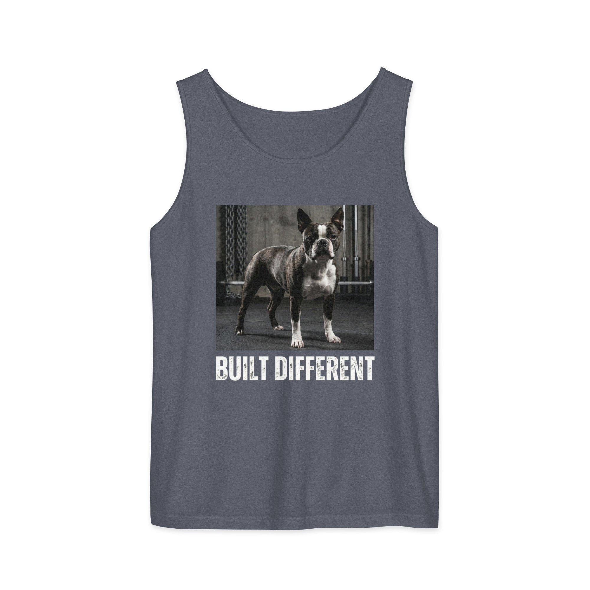 Built Different Strong Boston Terrier Dog Gym Workout Unisex Garment-dyed Tank Top . Denim