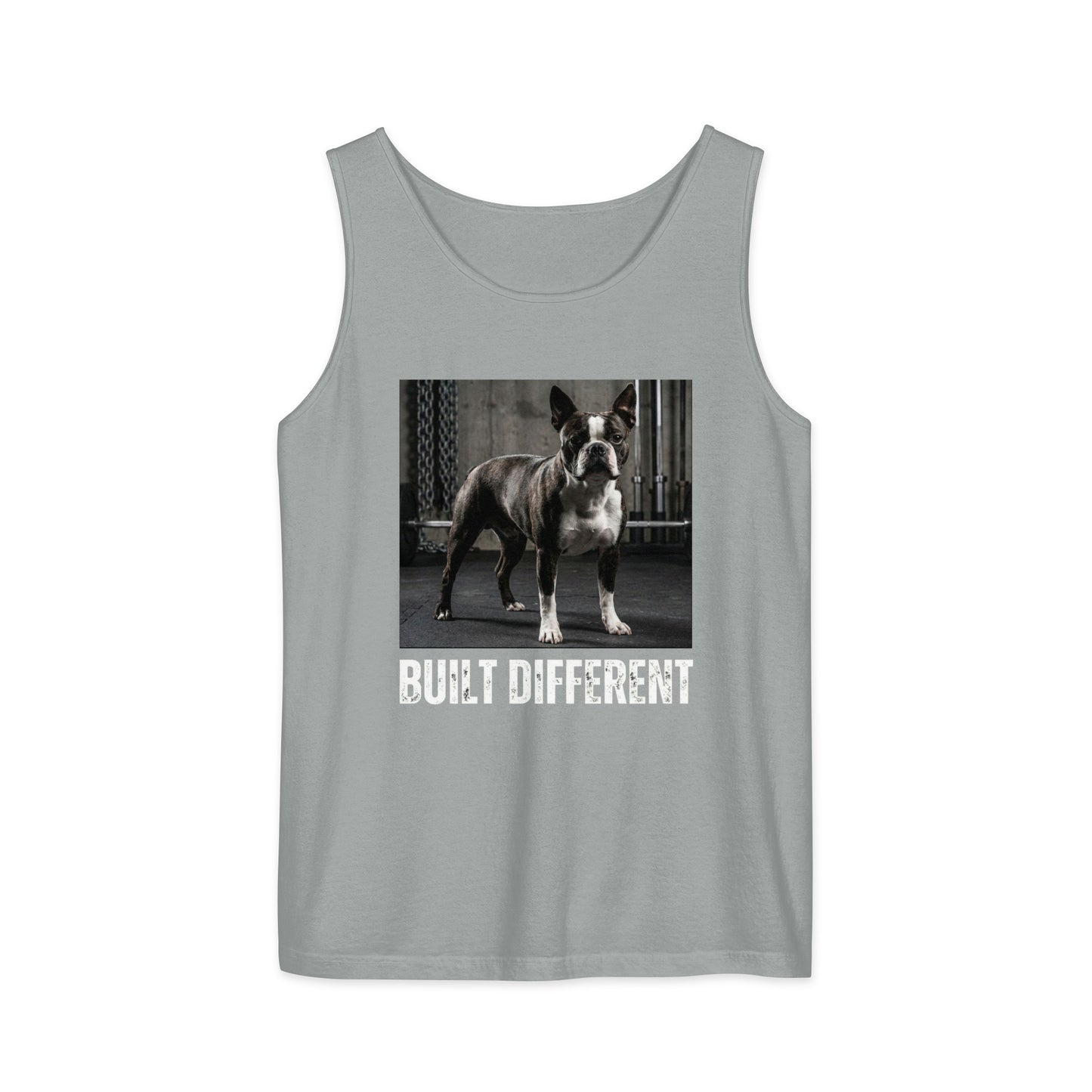 Built Different Strong Boston Terrier Dog Gym Workout Unisex Garment-dyed Tank Top . Granite