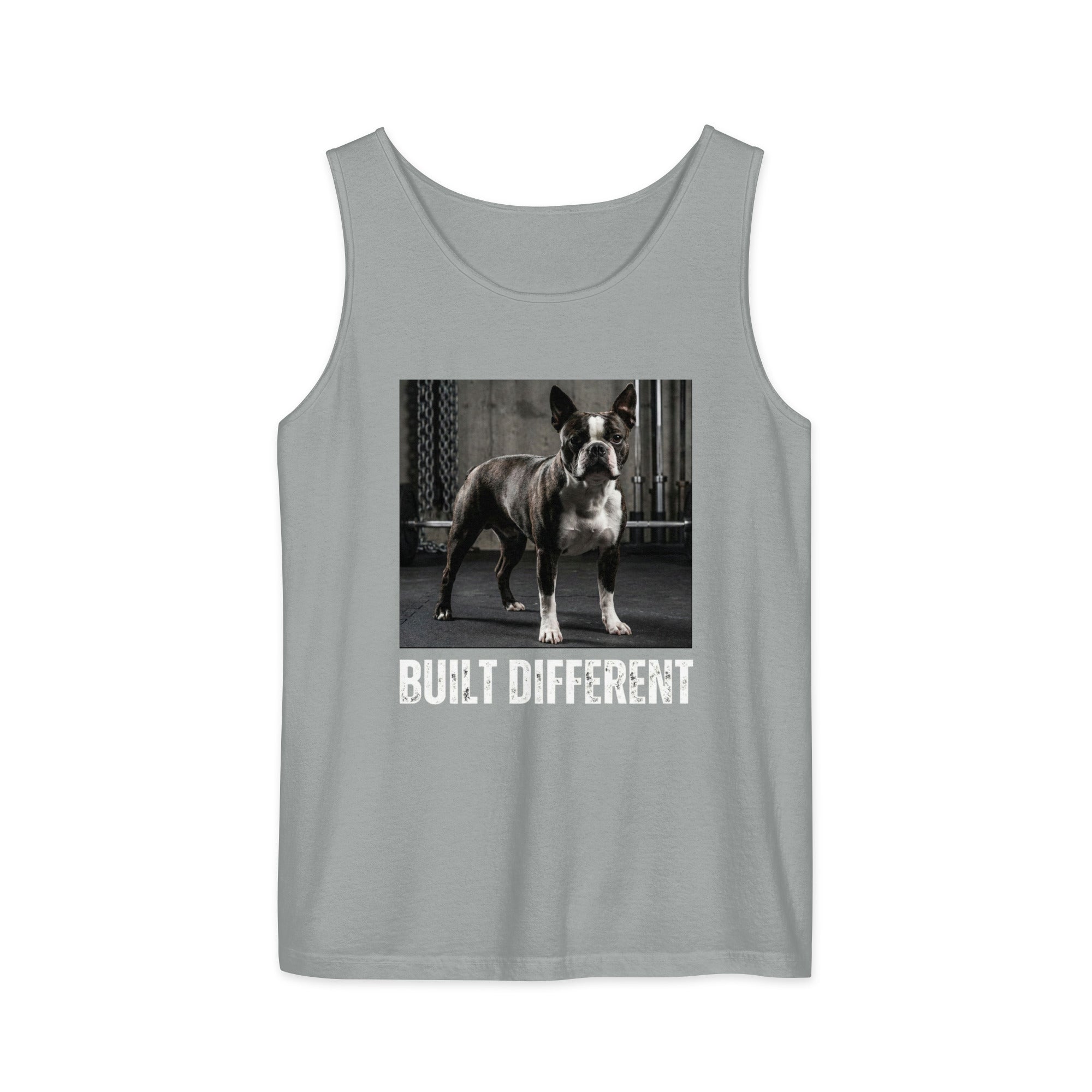 Built Different Strong Boston Terrier Dog Gym Workout Unisex Garment-dyed Tank Top . Granite