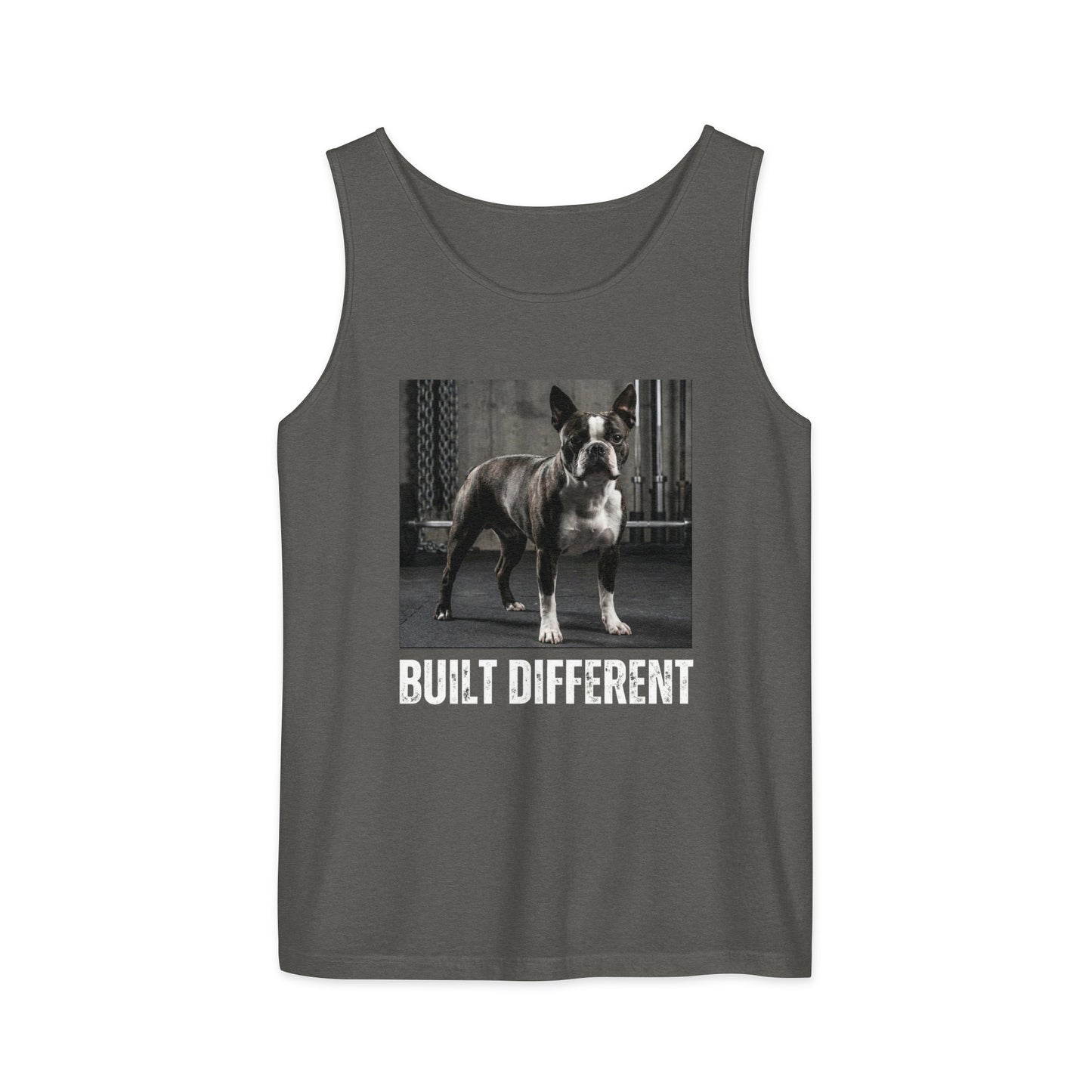 Built Different Strong Boston Terrier Dog Gym Workout Unisex Garment-dyed Tank Top . Pepper