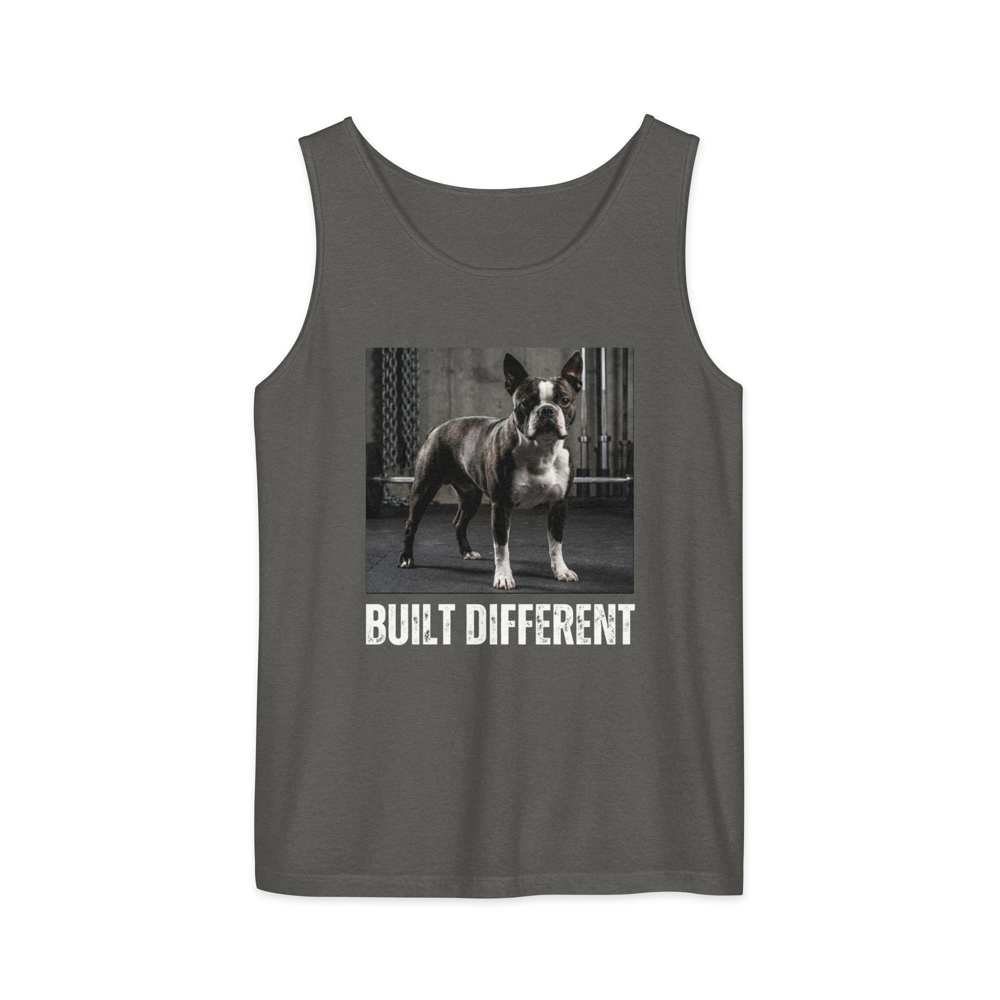 Built Different Strong Boston Terrier Dog Gym Workout Unisex Garment-dyed Tank Top . Pepper