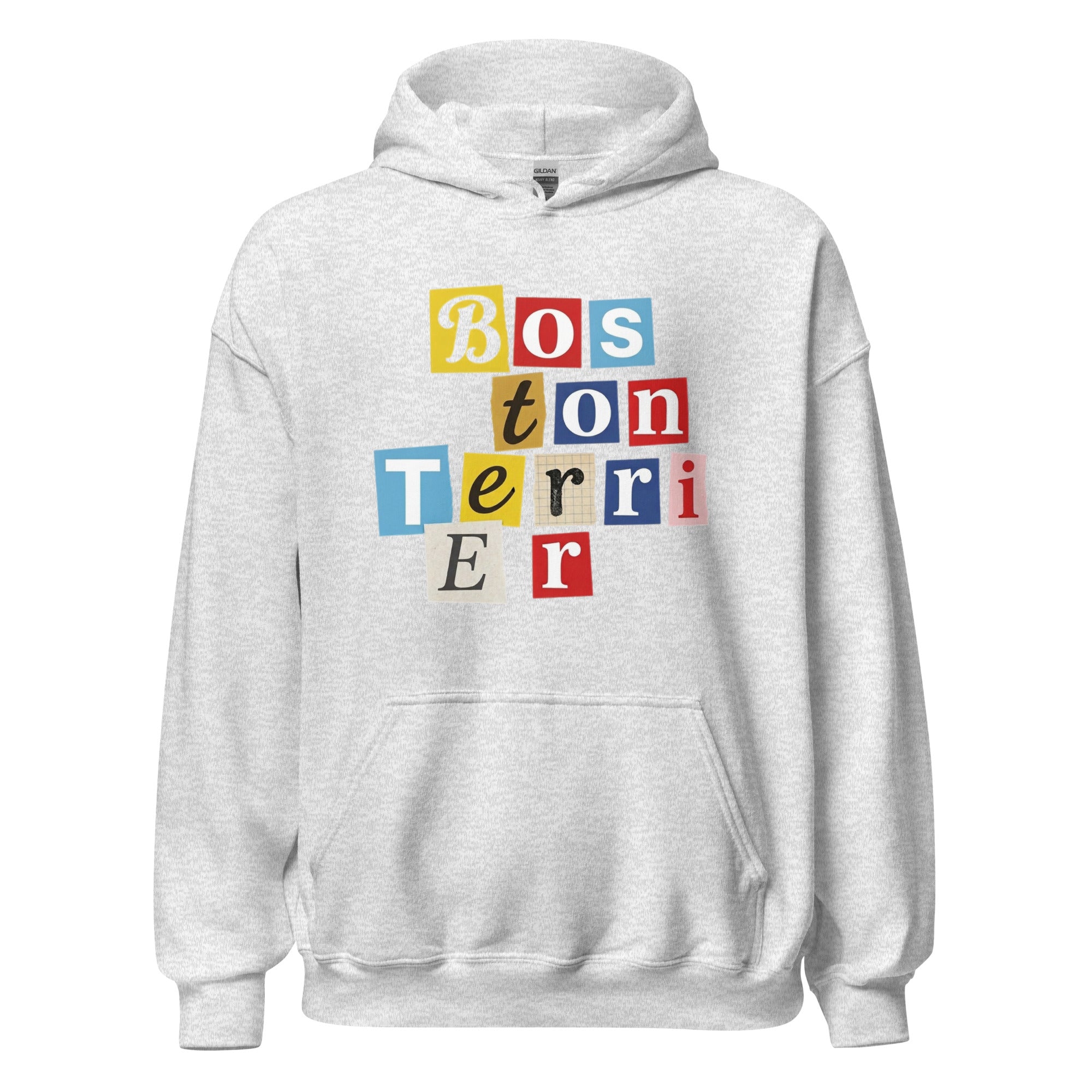 1970s British Punk Ransom Note Boston Terrier Pullover Hoodie – Vintage Dada Collage Dog Lover Unisex Hoodie . Ash