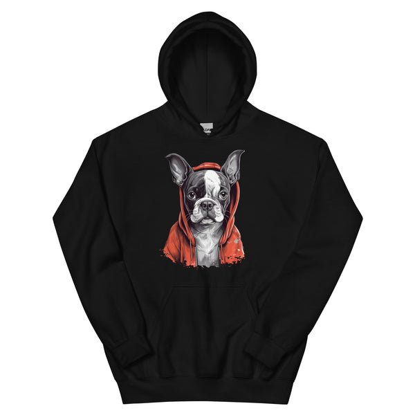 Boston Terrier in a Red Hood Hoodie