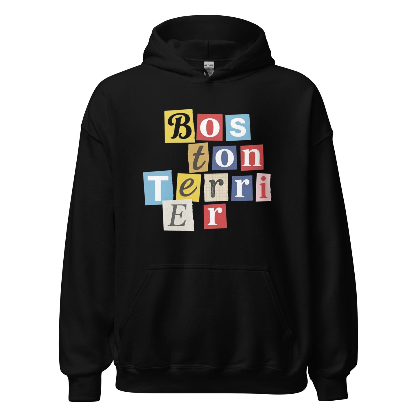 1970s British Punk Ransom Note Boston Terrier Pullover Hoodie – Vintage Dada Collage Dog Lover Unisex Hoodie . Black