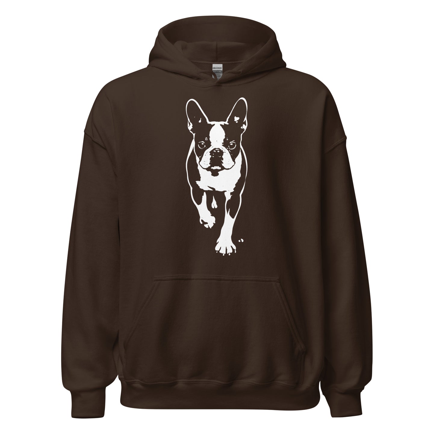 Boston Terrier Stencil Graphic – Minimalist Dog Lover Unisex Hoodie . Dark Chocolate