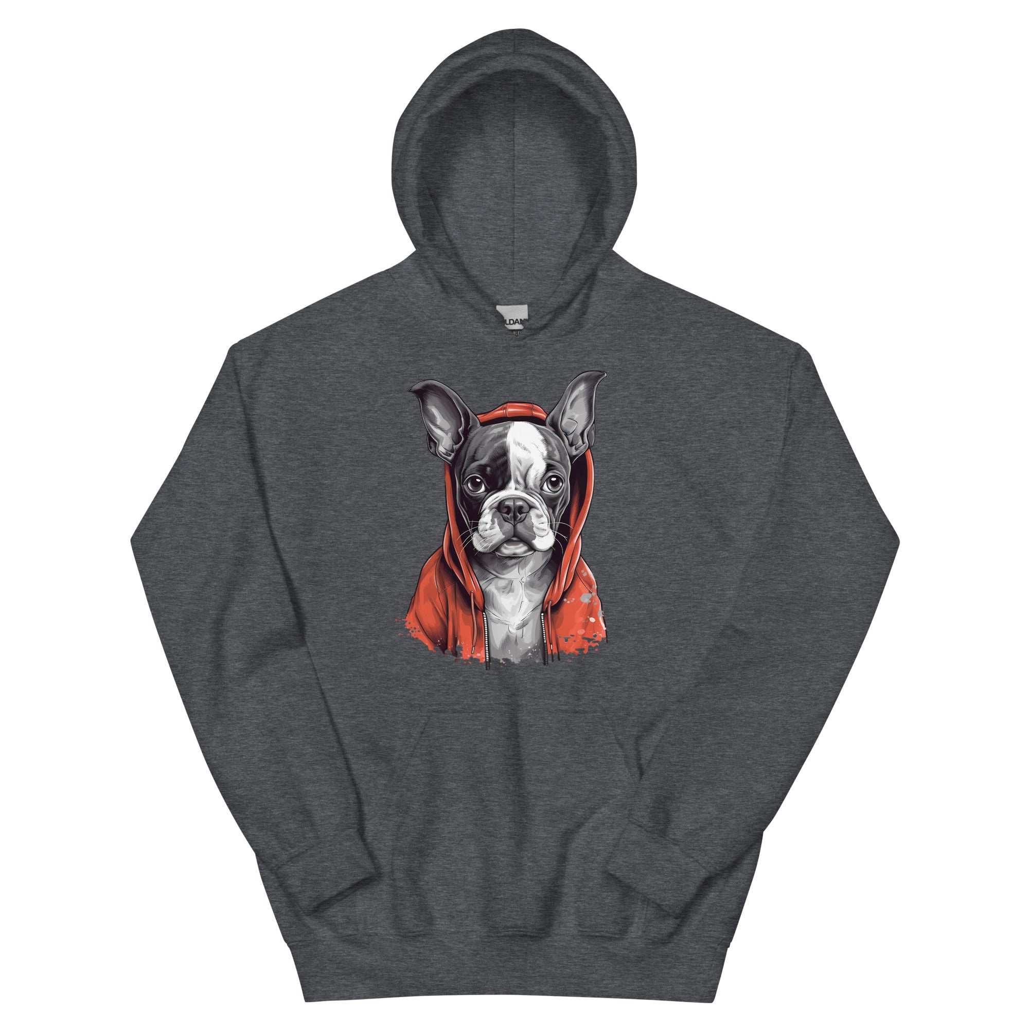 Boston Terrier in a Red Hood Hoodie