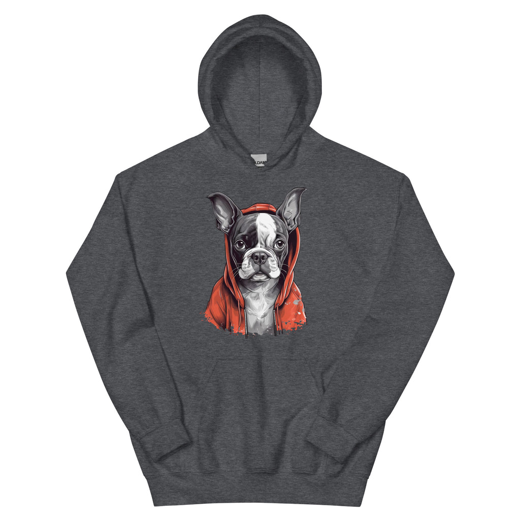 Boston Terrier in a Red Hood Hoodie