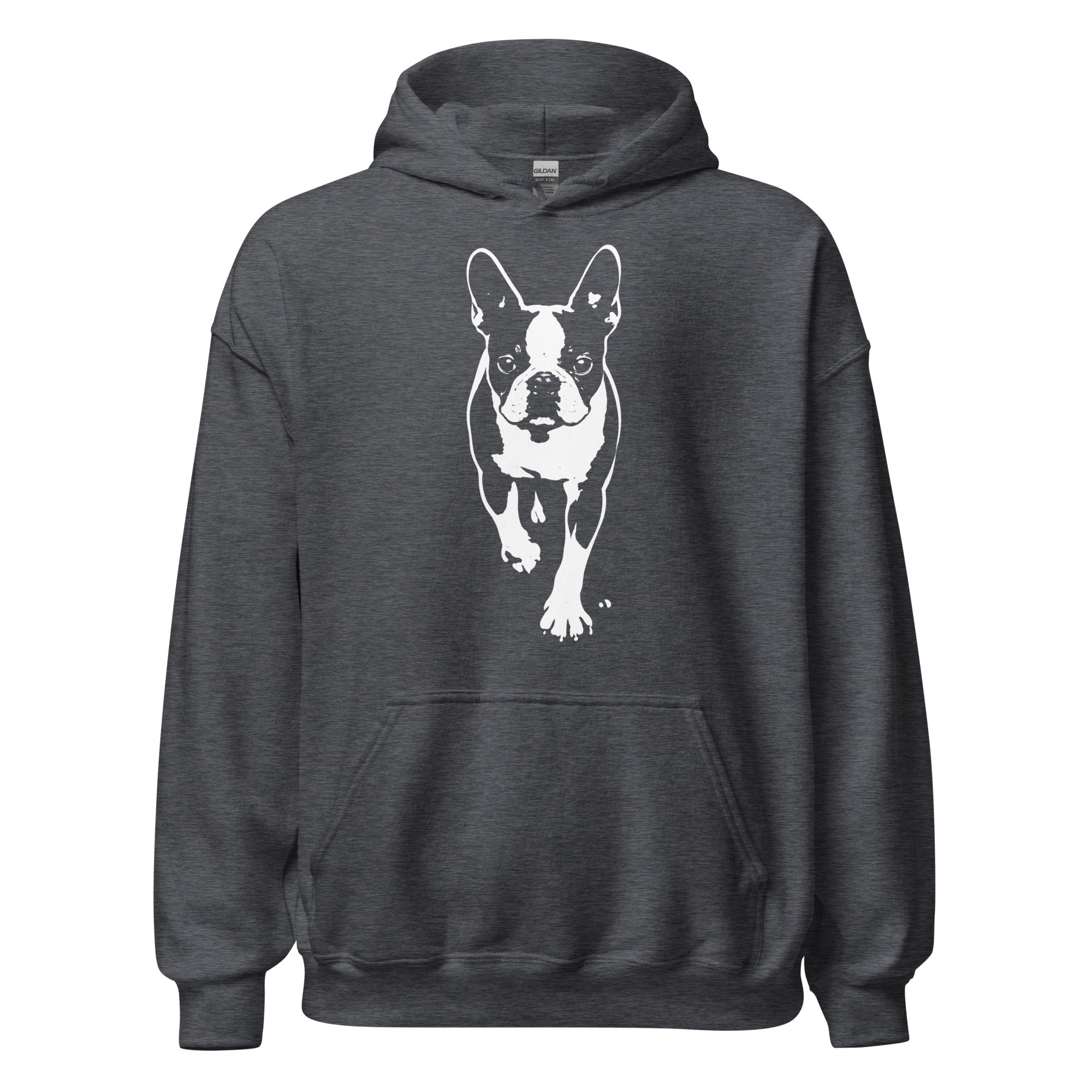 Boston Terrier Stencil Graphic – Minimalist Dog Lover Unisex Hoodie . Dark Heather