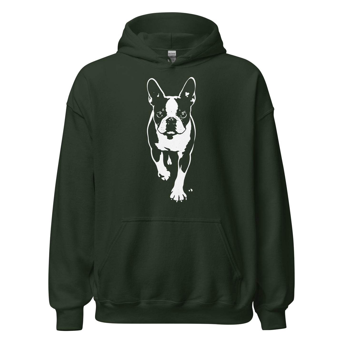 Boston Terrier Stencil Graphic – Minimalist Dog Lover Unisex Hoodie . Forest Green