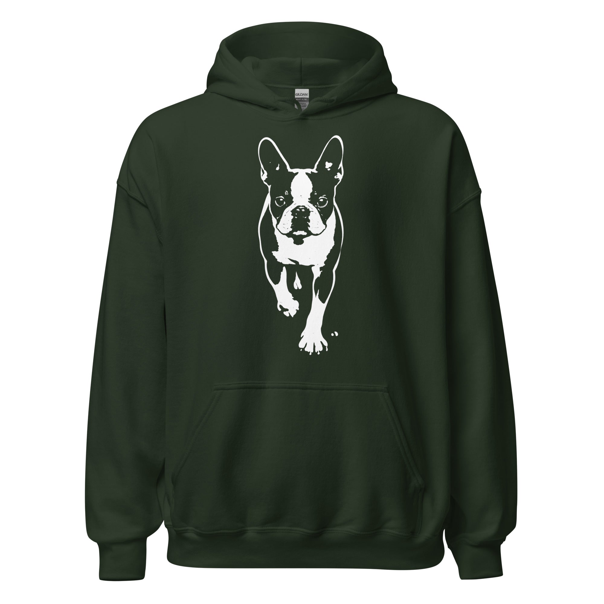 Boston Terrier Stencil Graphic – Minimalist Dog Lover Unisex Hoodie . Forest Green