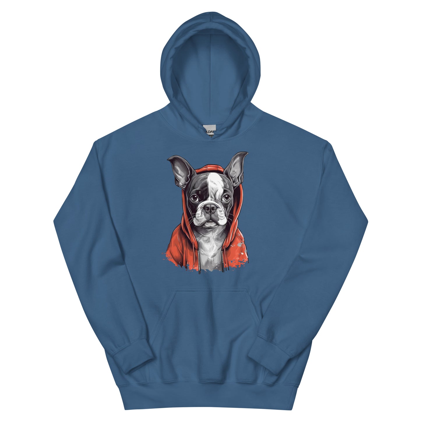 Boston Terrier in a Red Hood Hoodie