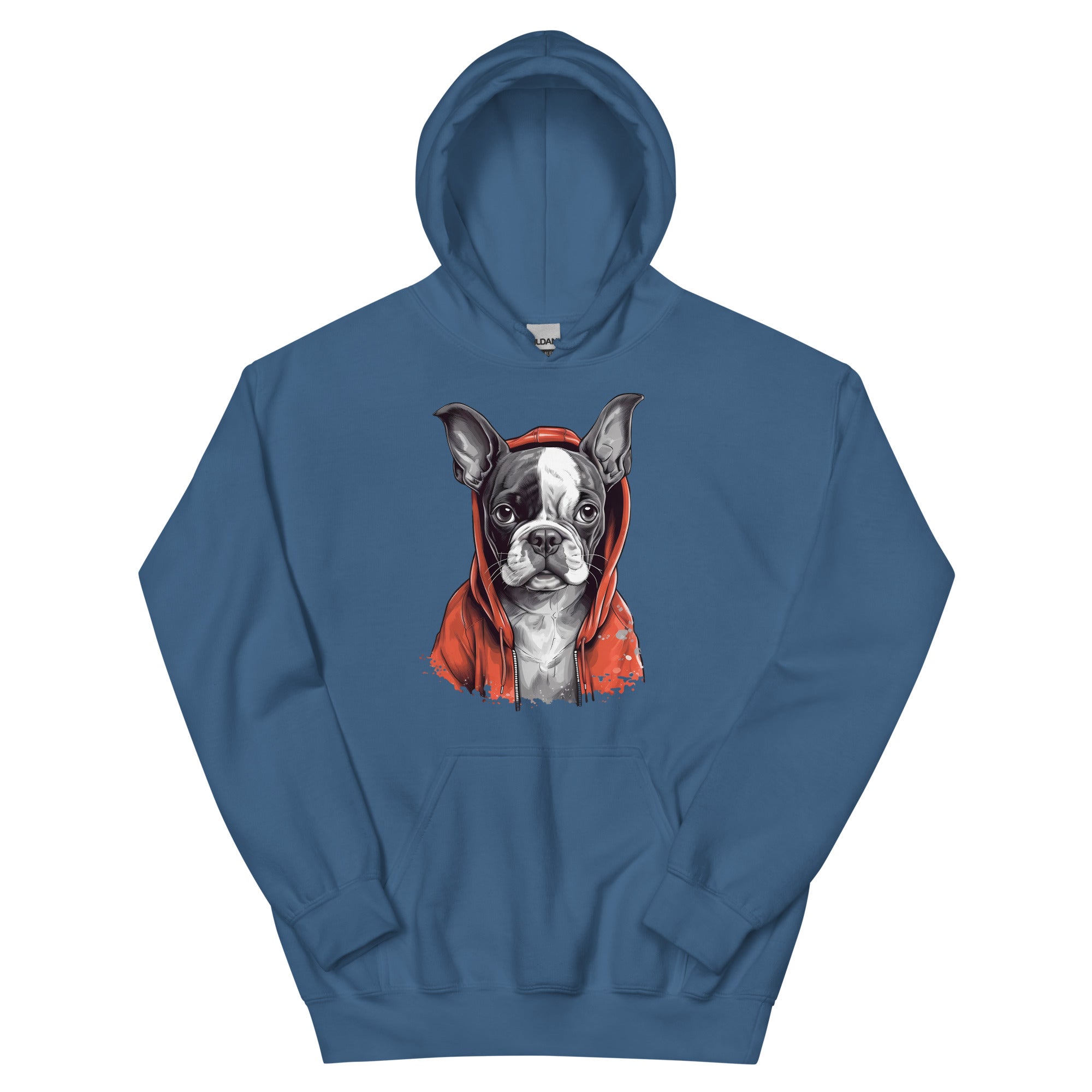 Boston Terrier in a Red Hood Hoodie