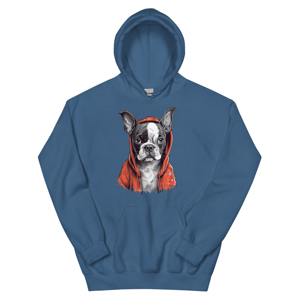 Boston Terrier in a Red Hood Hoodie