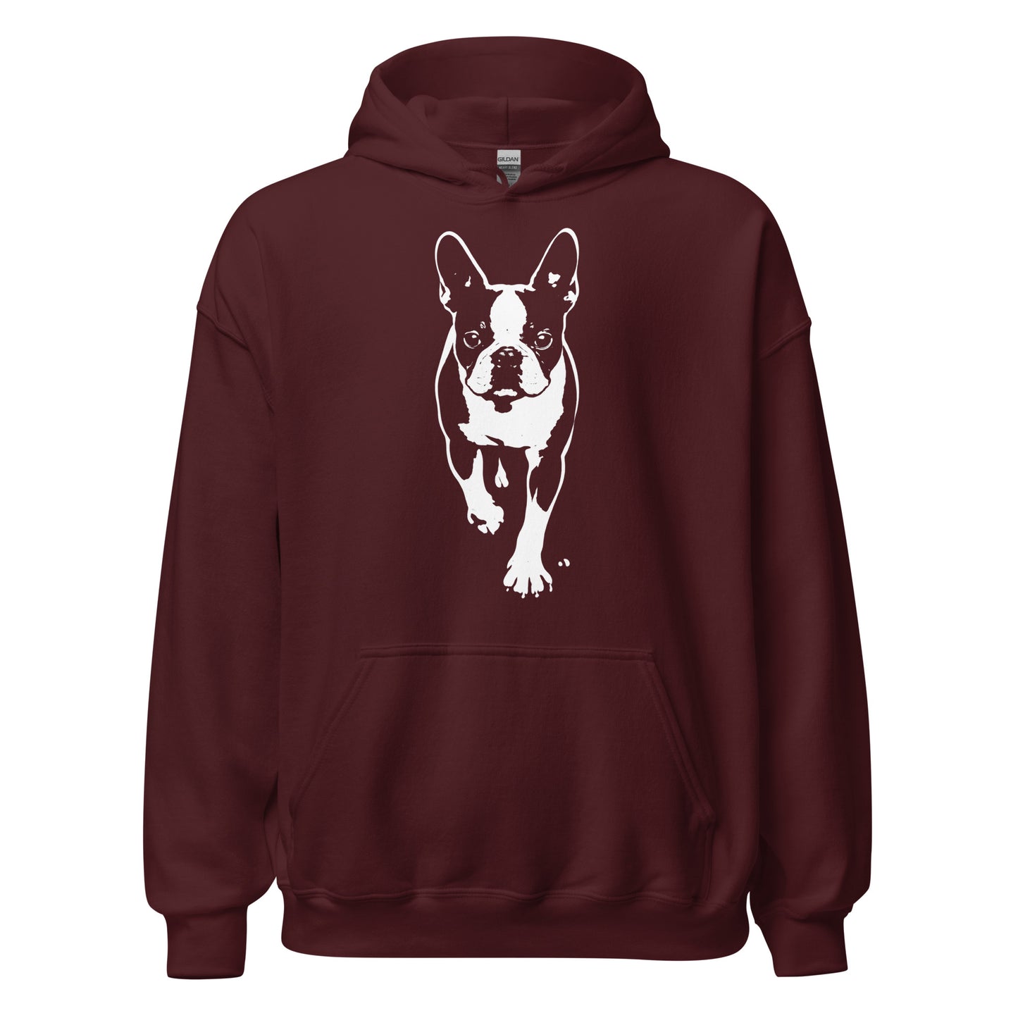Boston Terrier Stencil Graphic – Minimalist Dog Lover Unisex Hoodie . Maroon