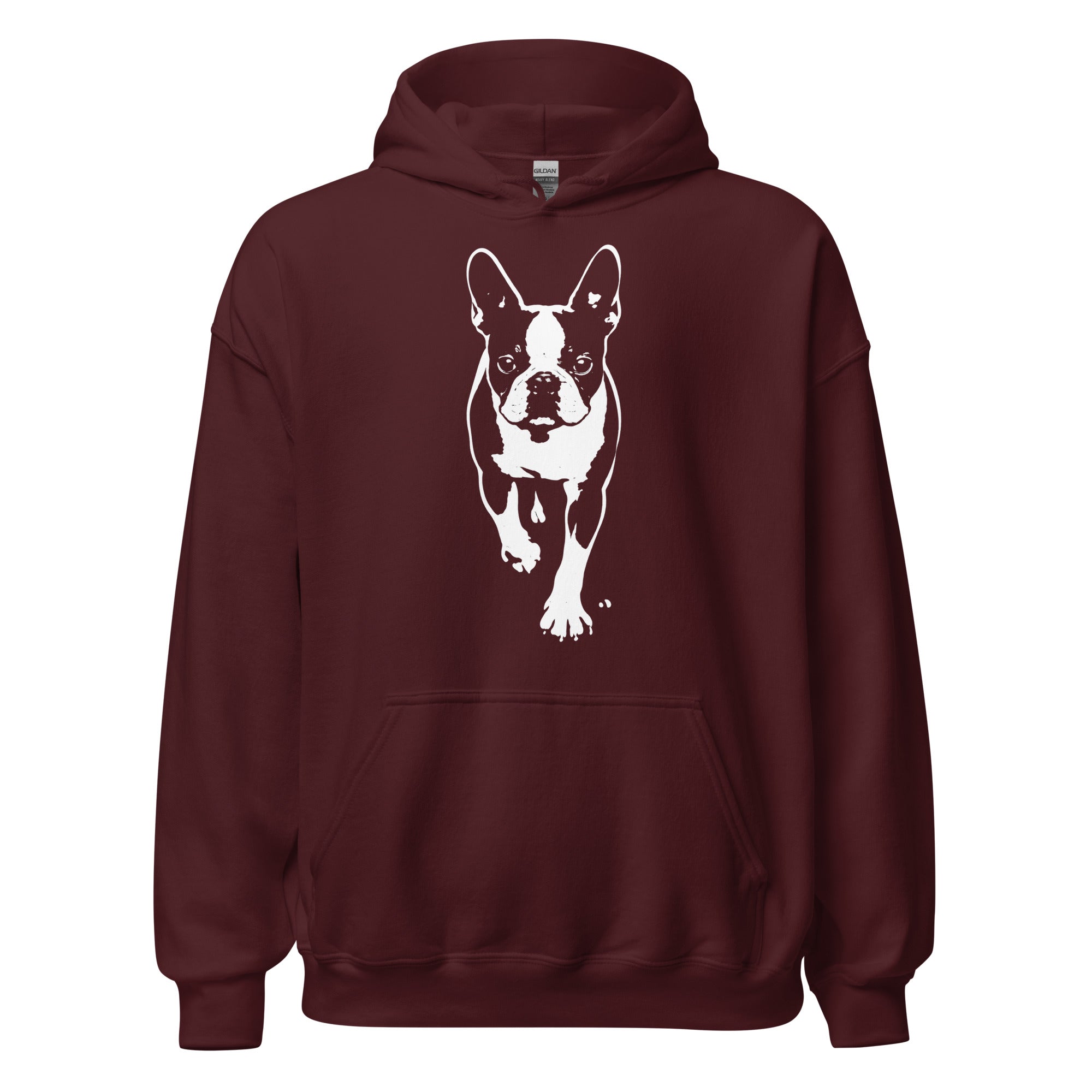 Boston Terrier Stencil Graphic – Minimalist Dog Lover Unisex Hoodie . Maroon