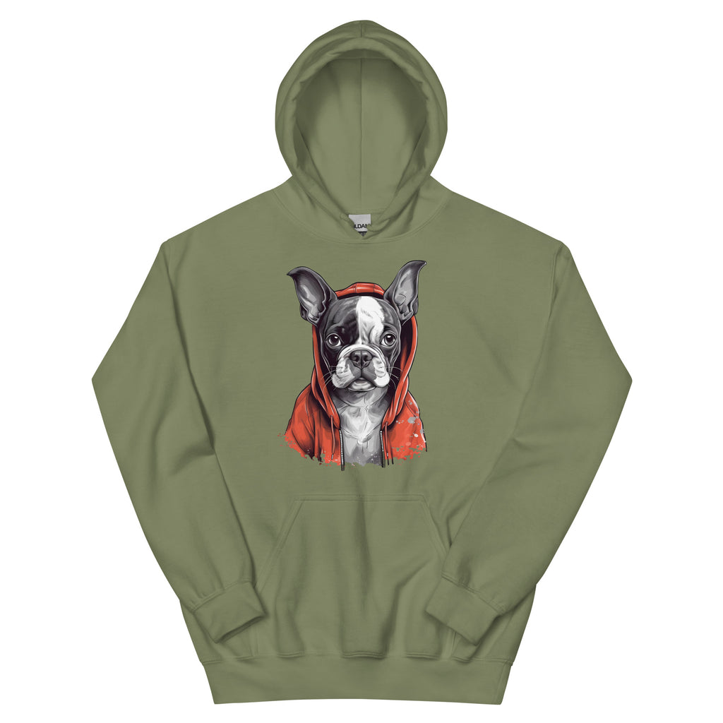 Boston Terrier in a Red Hood Hoodie