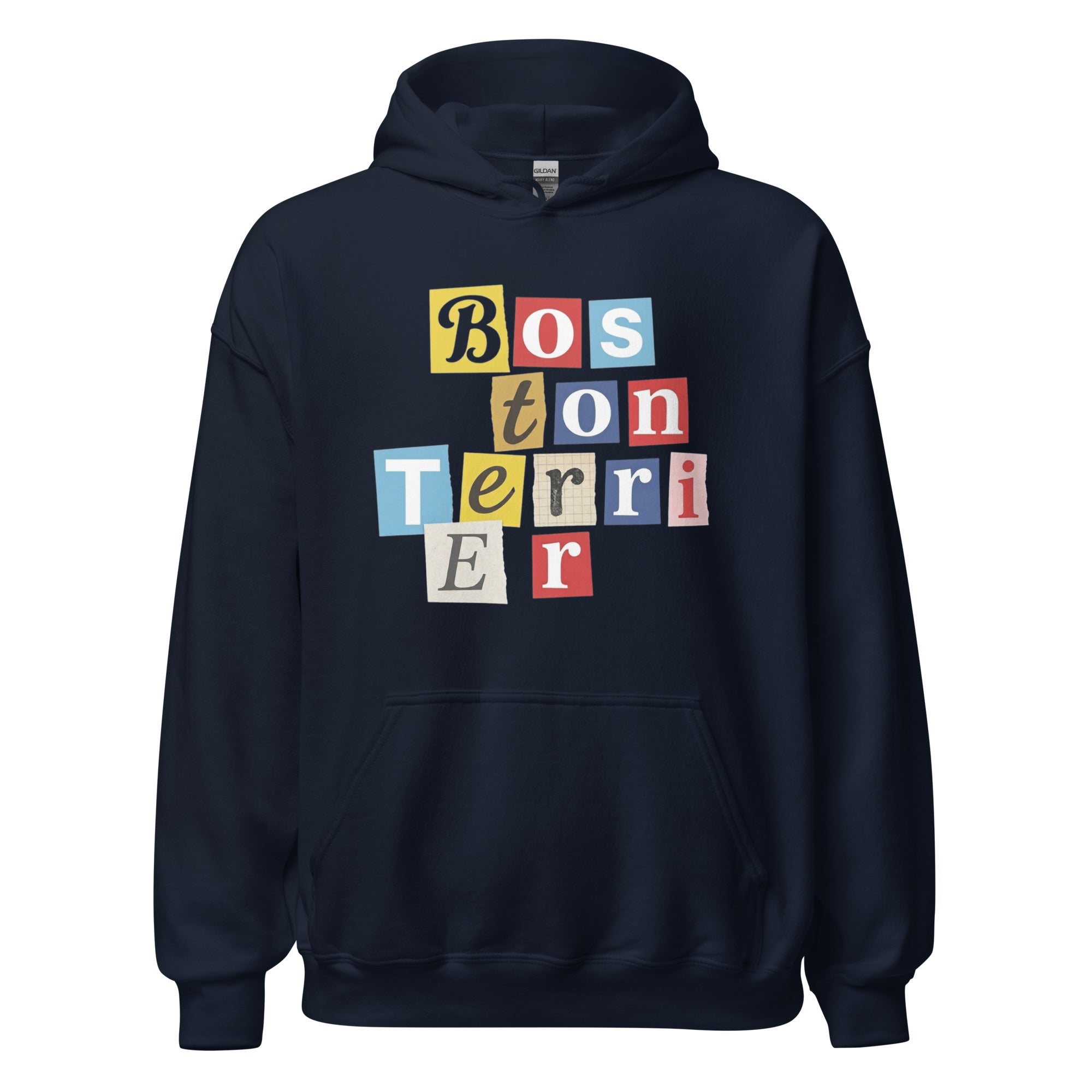 1970s British Punk Ransom Note Boston Terrier Pullover Hoodie – Vintage Dada Collage Dog Lover Unisex Hoodie . Navy