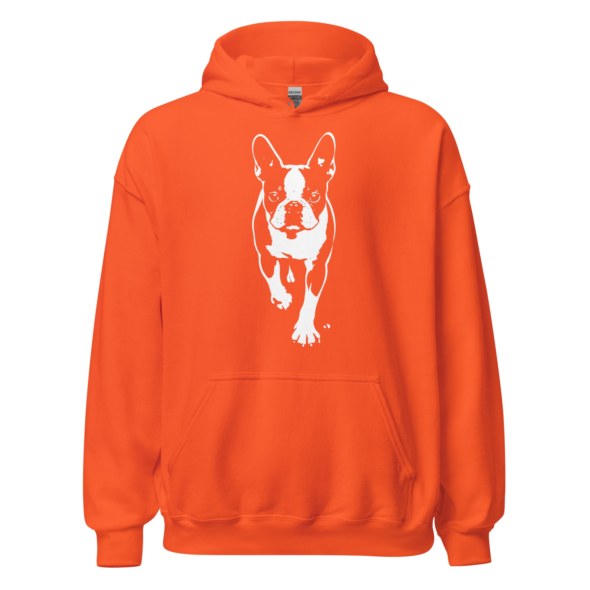Boston Terrier Stencil Graphic – Minimalist Dog Lover Unisex Hoodie . Orange