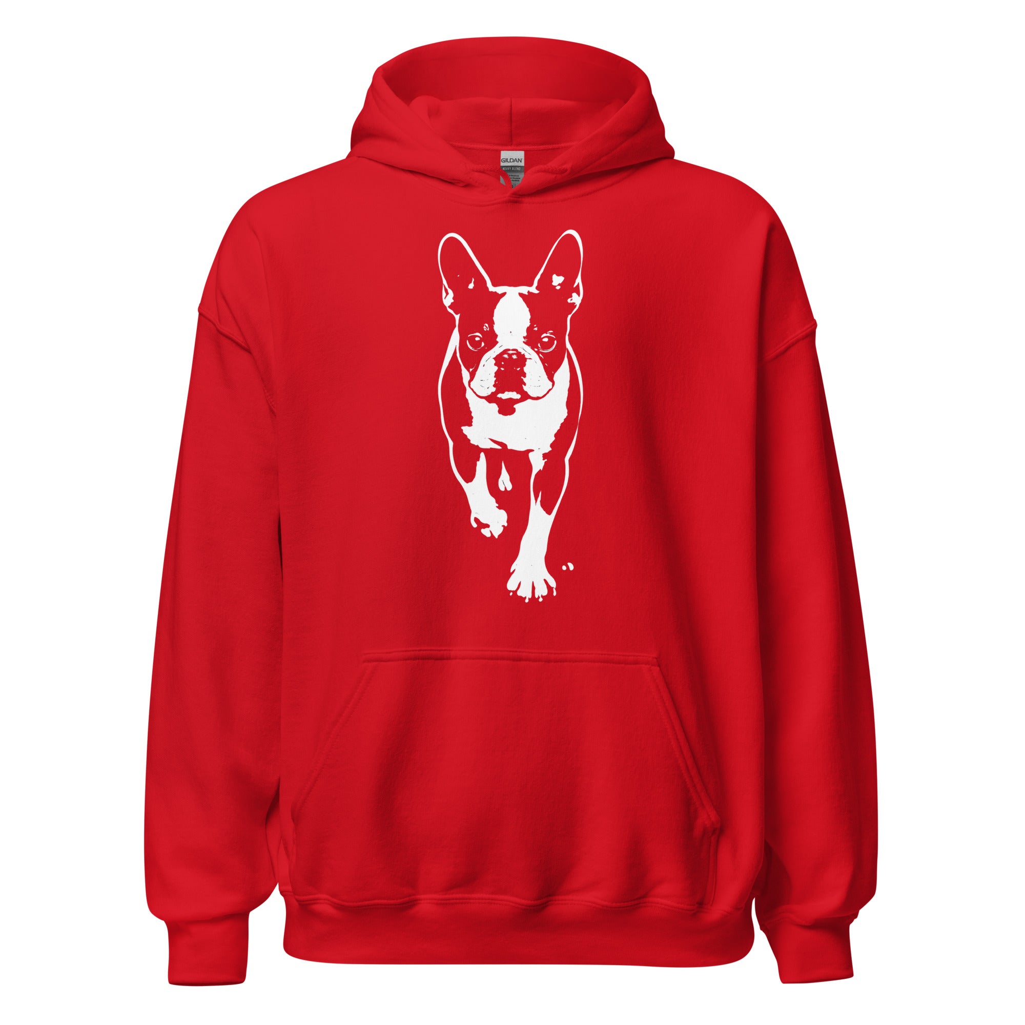 Boston Terrier Stencil Graphic – Minimalist Dog Lover Unisex Hoodie . Red