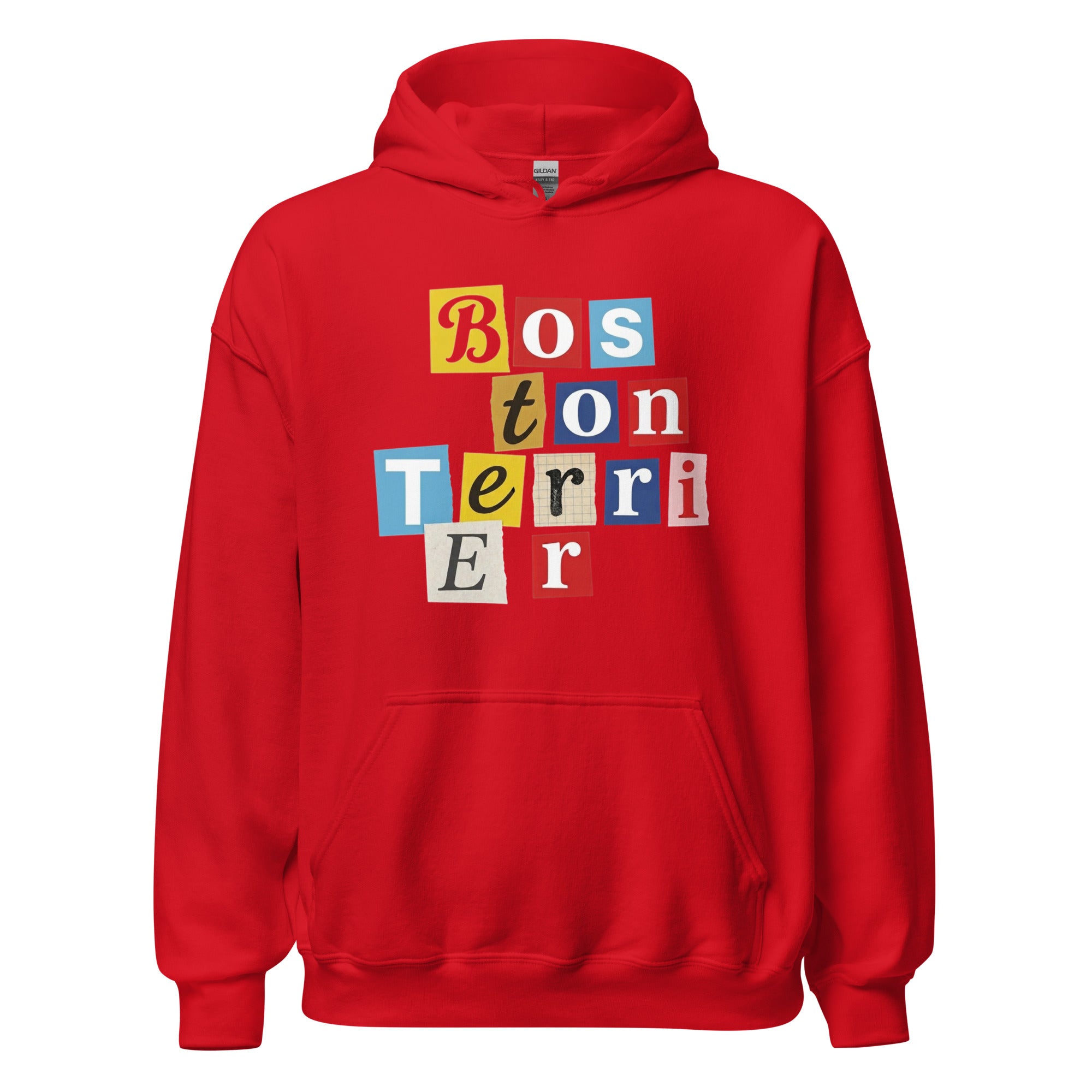 1970s British Punk Ransom Note Boston Terrier Pullover Hoodie – Vintage Dada Collage Dog Lover Unisex Hoodie . Red