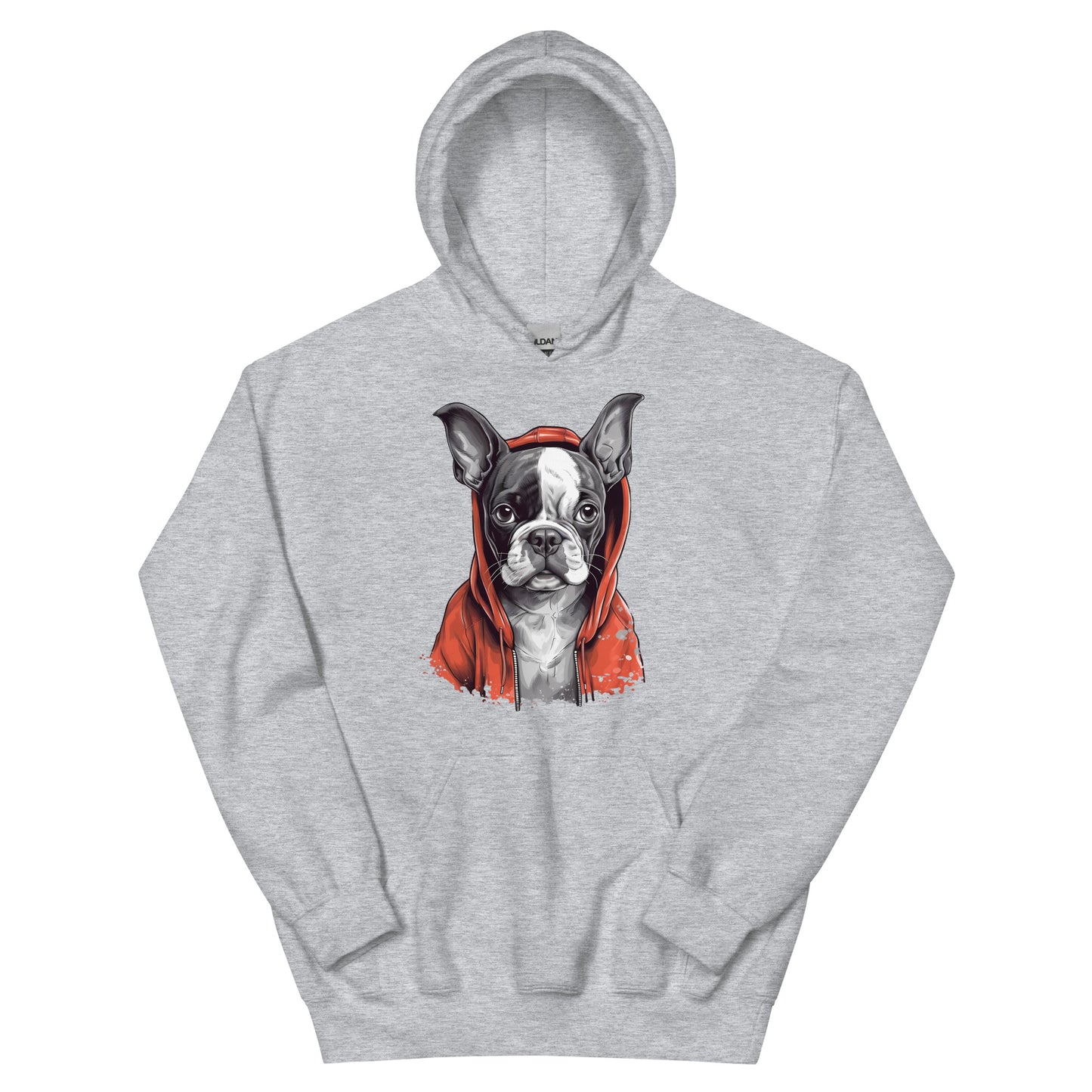 Boston Terrier in a Red Hood Hoodie