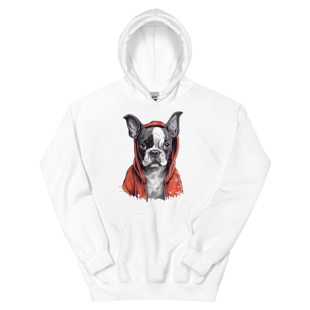 Boston Terrier in a Red Hood Hoodie