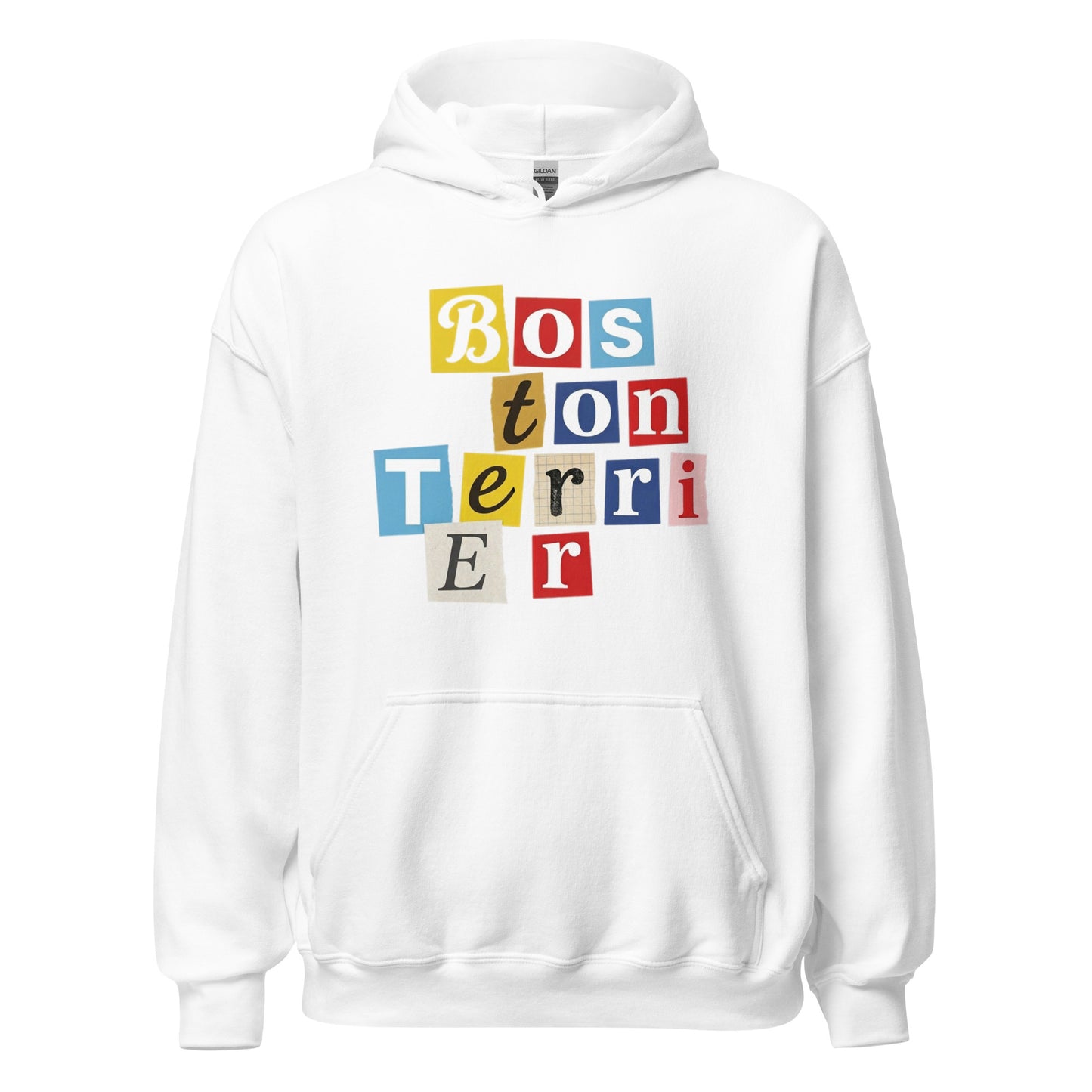 1970s British Punk Ransom Note Boston Terrier Pullover Hoodie – Vintage Dada Collage Dog Lover Unisex Hoodie . White