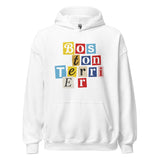 1970s British Punk Ransom Note Boston Terrier Pullover Hoodie – Vintage Dada Collage Dog Lover Unisex Hoodie . White