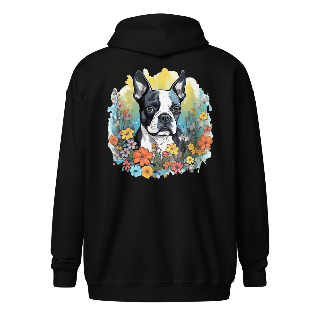 Boston Terrier Surrounded By Flowers Heavy Blend Zip Hoodie