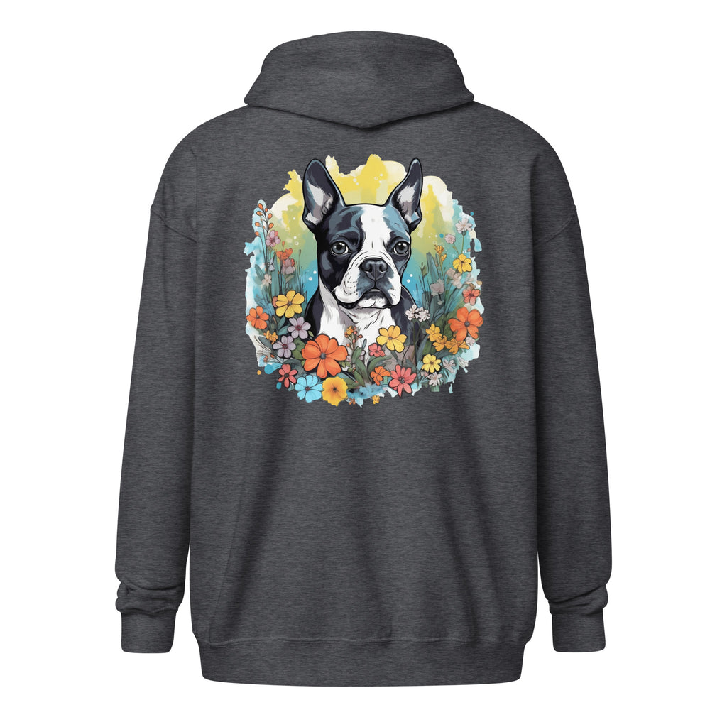 Boston Terrier Surrounded By Flowers Heavy Blend Zip Hoodie