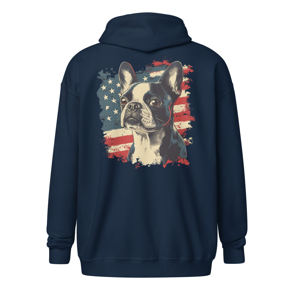 Patriotic Boston Terrier USA Flag Unisex Heavy Blend Zip Hoodie