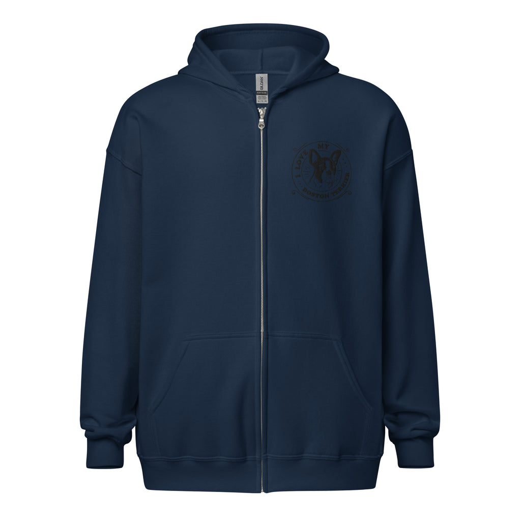 I Love My Boston Terrier Embroidered Unisex Heavy Blend Zip Hoodie